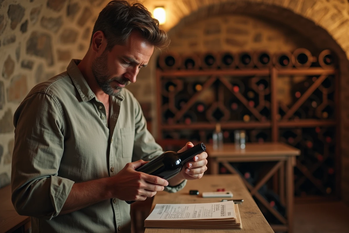 Un homme consultant son registre de cave papier tout en inspectant une bouteille de vin rouge dans une cave en pierre