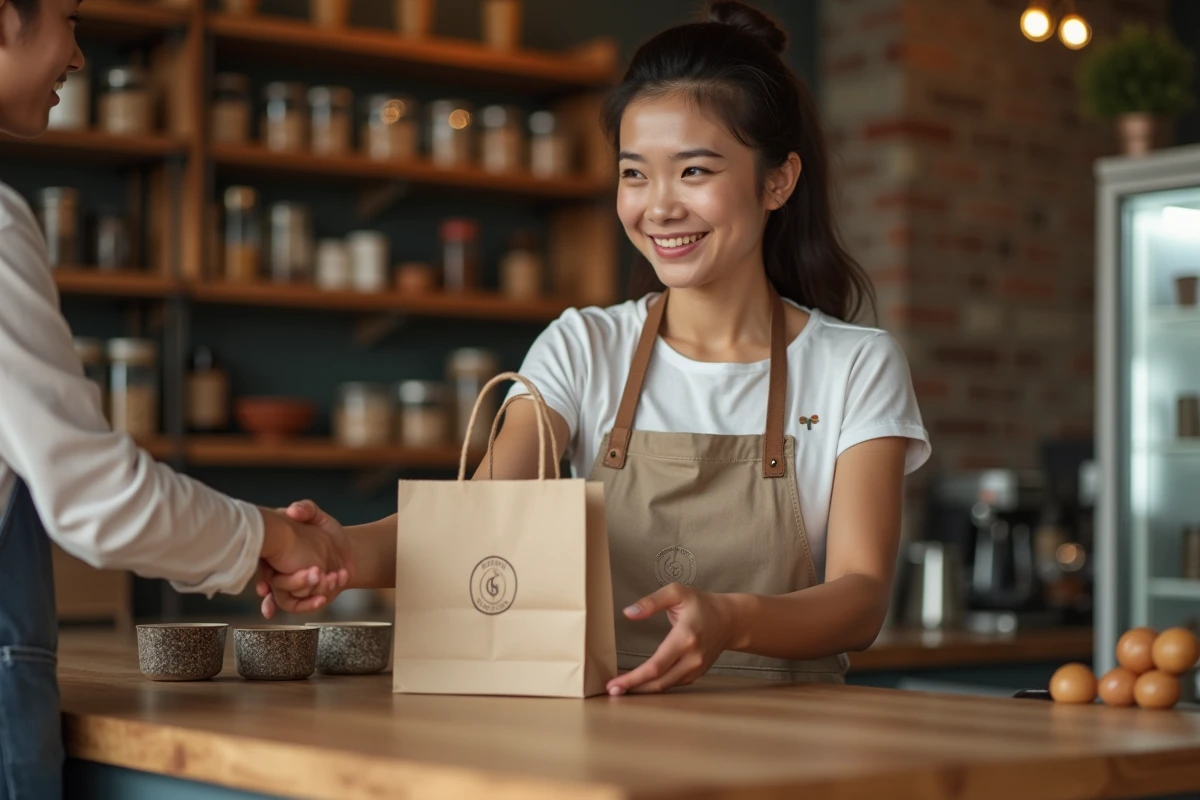 Vendeuse tendant un sac kraft personnalisé à un client dans une petite boutique écoresponsable