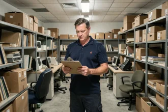 Responsable d'entreprise évaluant une salle de stockage encombrée avant un débarras professionnel