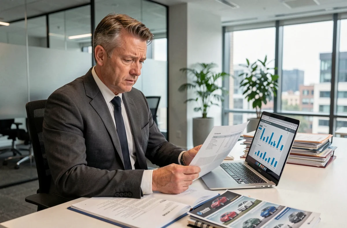 Responsable de flotte automobile en entreprise analysant l'impact de la taxe véhicules de société 2026 sur une feuille de calcul