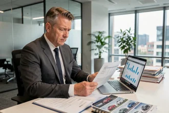 Responsable de flotte automobile en entreprise analysant l'impact de la taxe véhicules de société 2026 sur une feuille de calcul