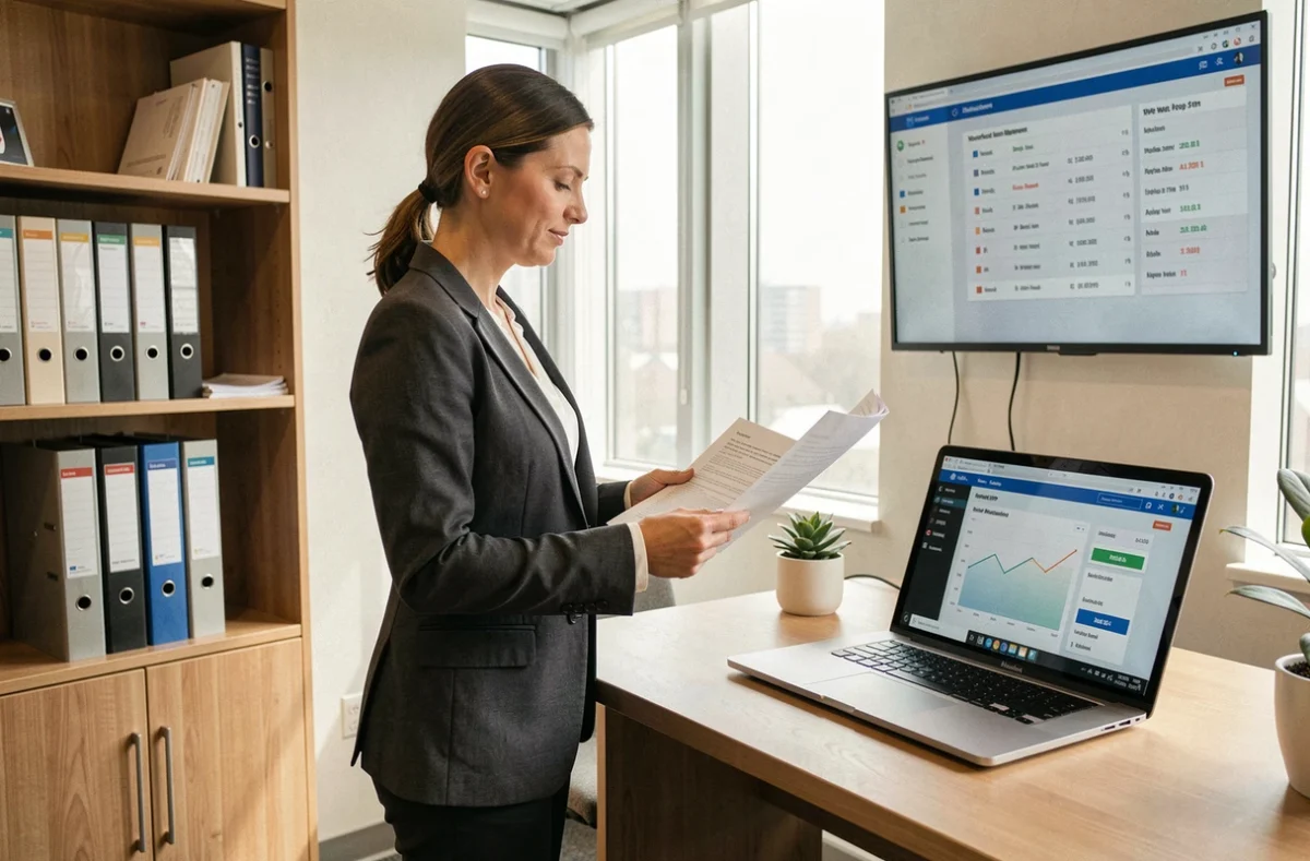 Responsable RH évaluant un logiciel de gestion des temps et activités intégré dans un bureau moderne
