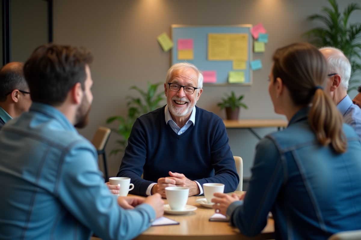Collègues de bureau français discutant autour d un café