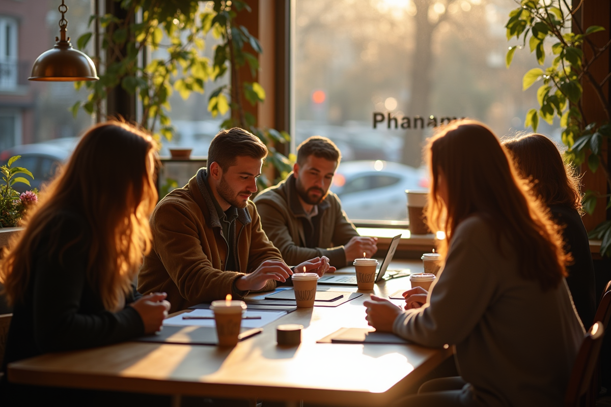 Groupe en réunion dans un café en matinée printanière