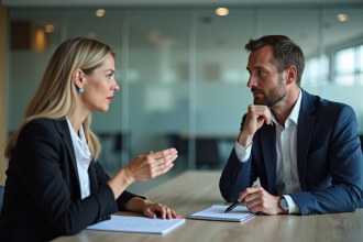 Femme et homme en réunion d'affaires dans un bureau moderne