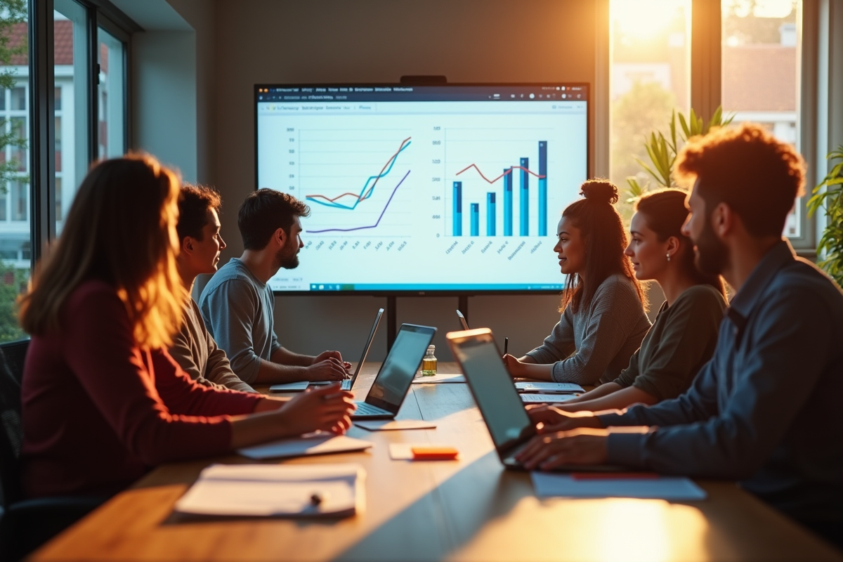 Équipe créative analysant des graphiques sur un écran dans une réunion