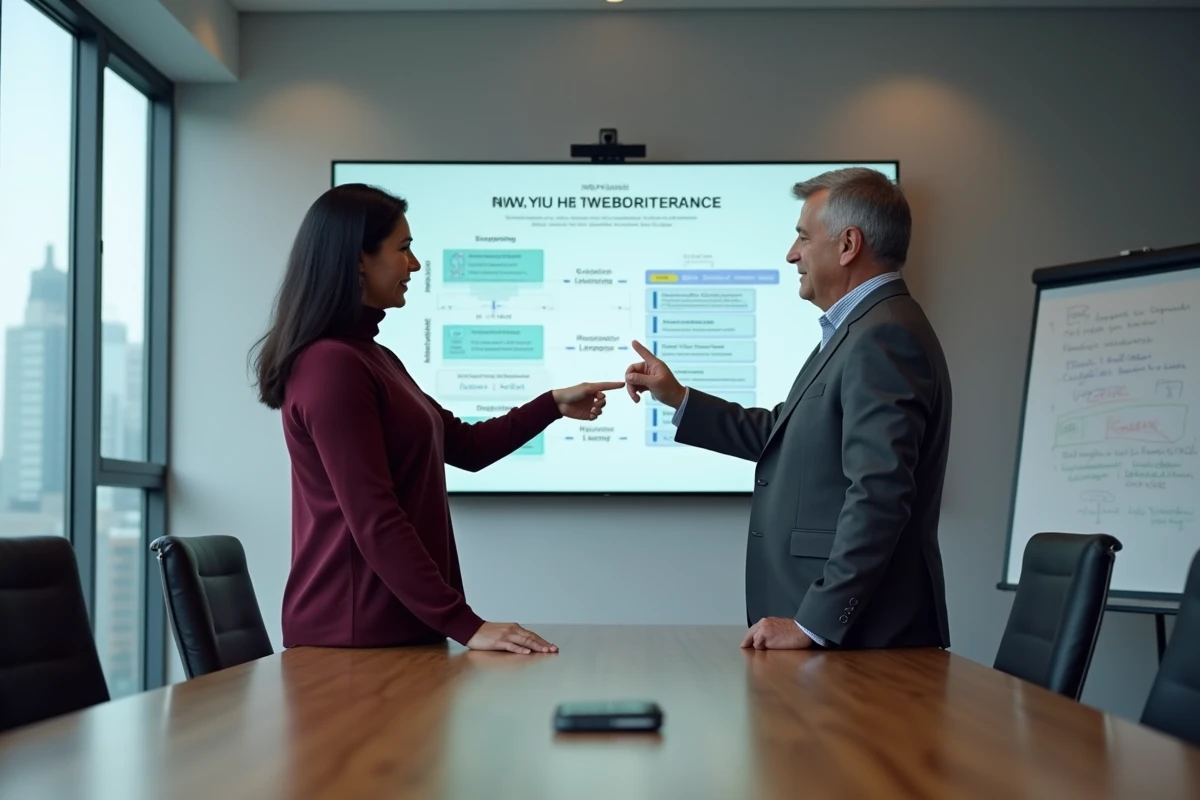 Deux collègues en salle de réunion analysant un schéma comparatif des plateformes RH et extranet d'entreprise