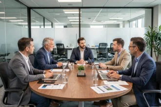 Réunion du CSE en salle de conférence moderne avec des représentants du personnel discutant de primes et d'intéressement autour d'une table ovale