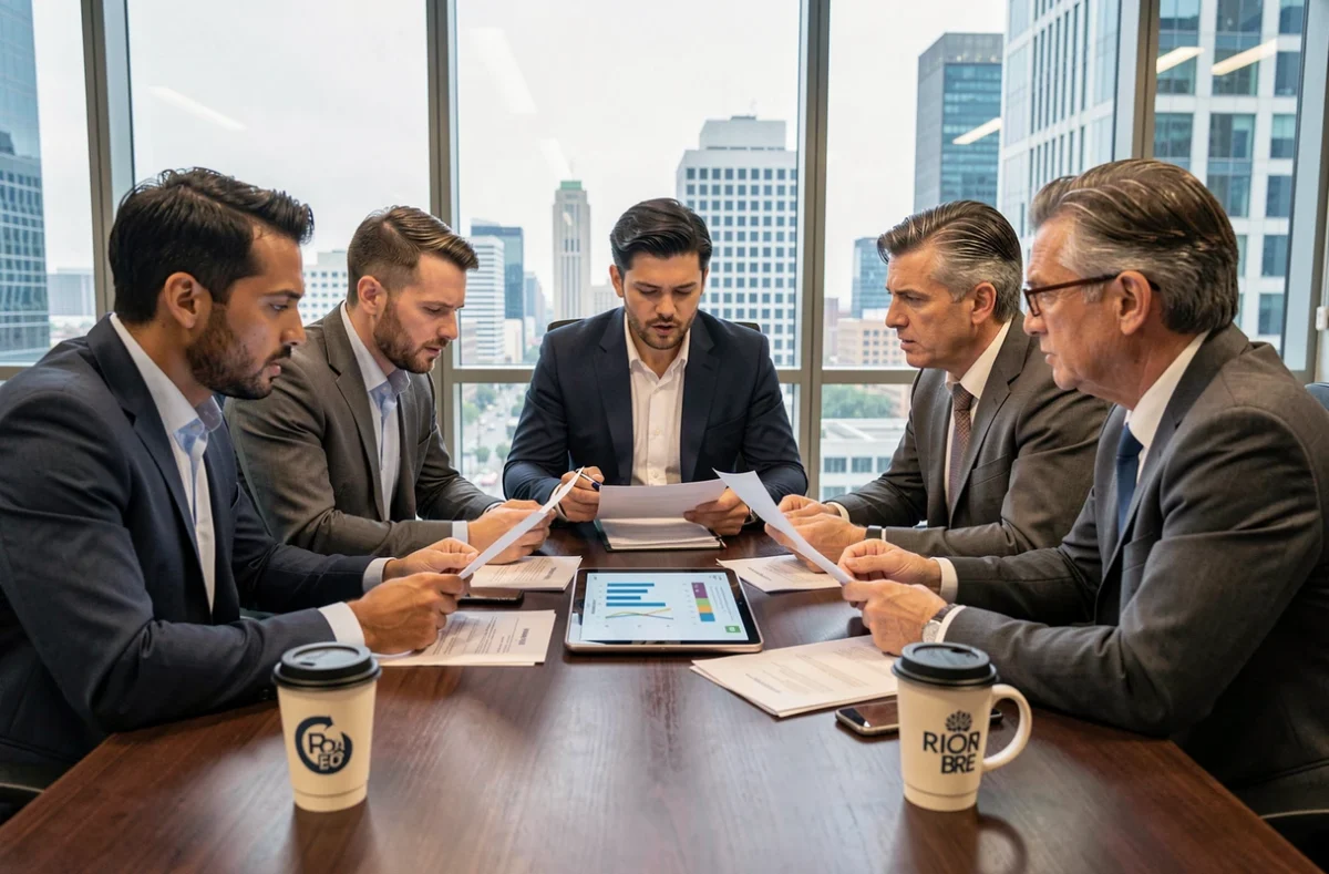 Trois professionnels en réunion analysant des données d'entreprise sur une tablette et des rapports imprimés dans une salle de conférence moderne
