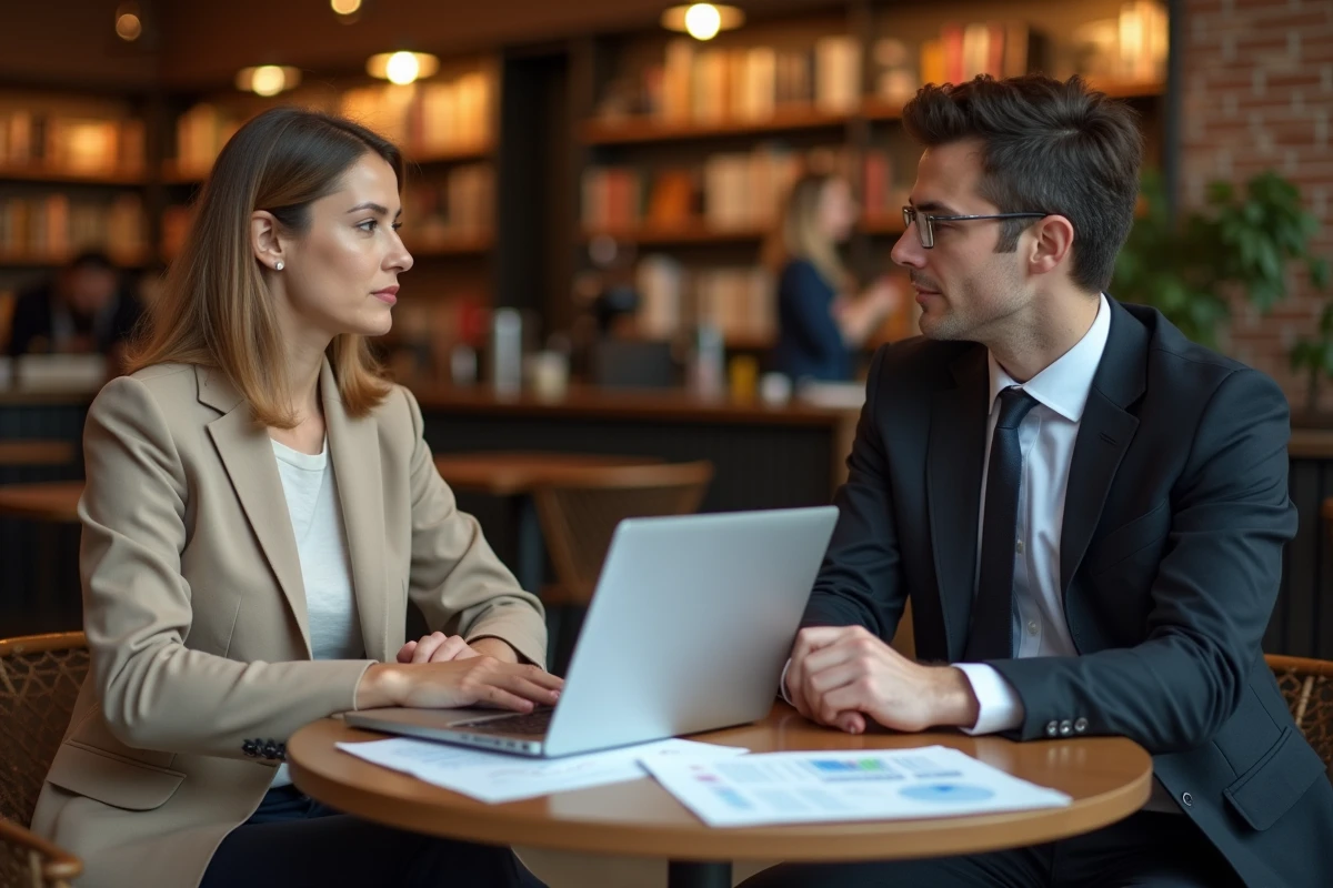 Deux professionnels B2B discutant de rapports de veille marché et de stratégie concurrentielle dans un café d'affaires