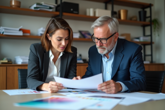 Homme et femme d affaires examinant des maquettes dans un studio d impression