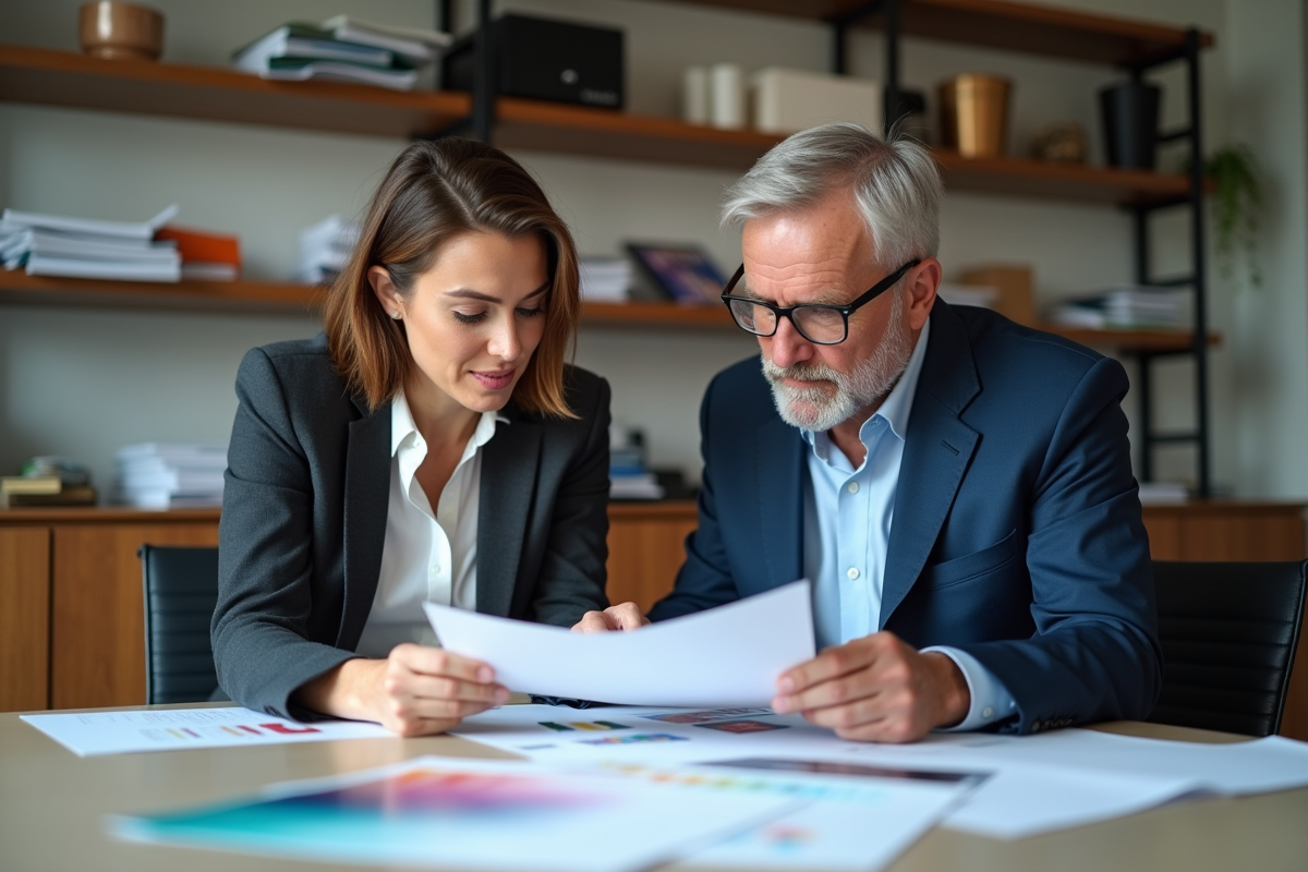 Homme et femme d affaires examinant des maquettes dans un studio d impression