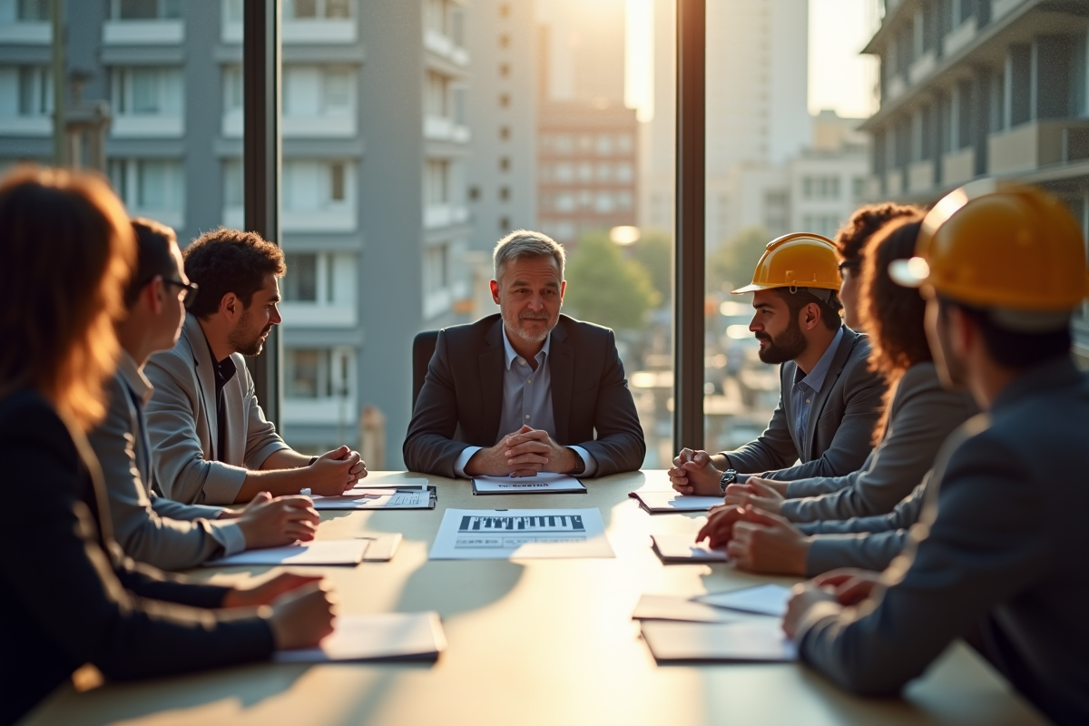 Réunion de sécurité au travail avec employés et documents DUERP