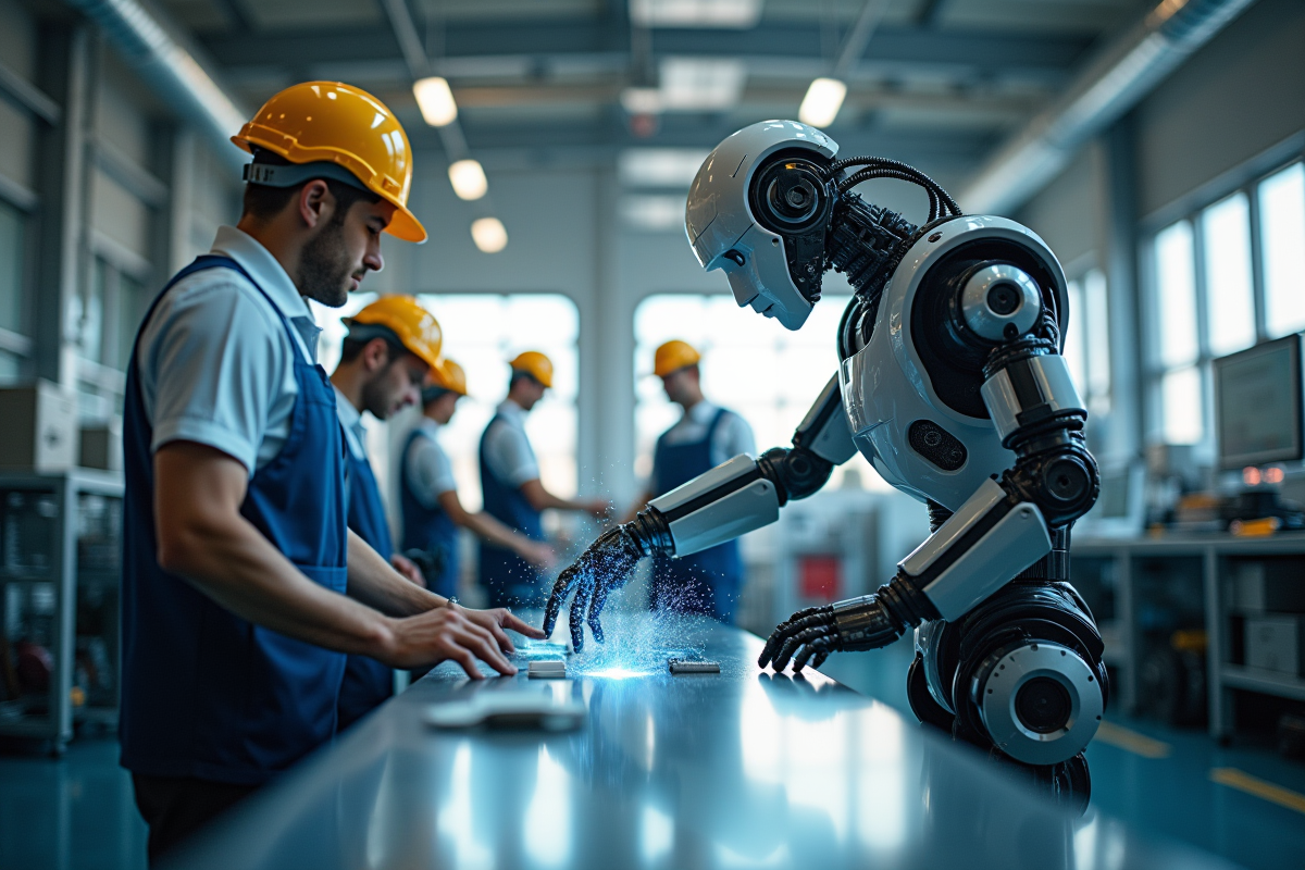 Robots industriels et ingénieurs en usine high-tech en action
