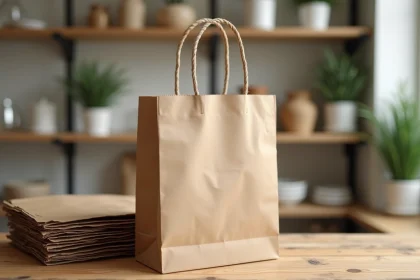 Sac papier personnalisé en kraft recyclé posé sur un comptoir de boutique avec logo imprimé
