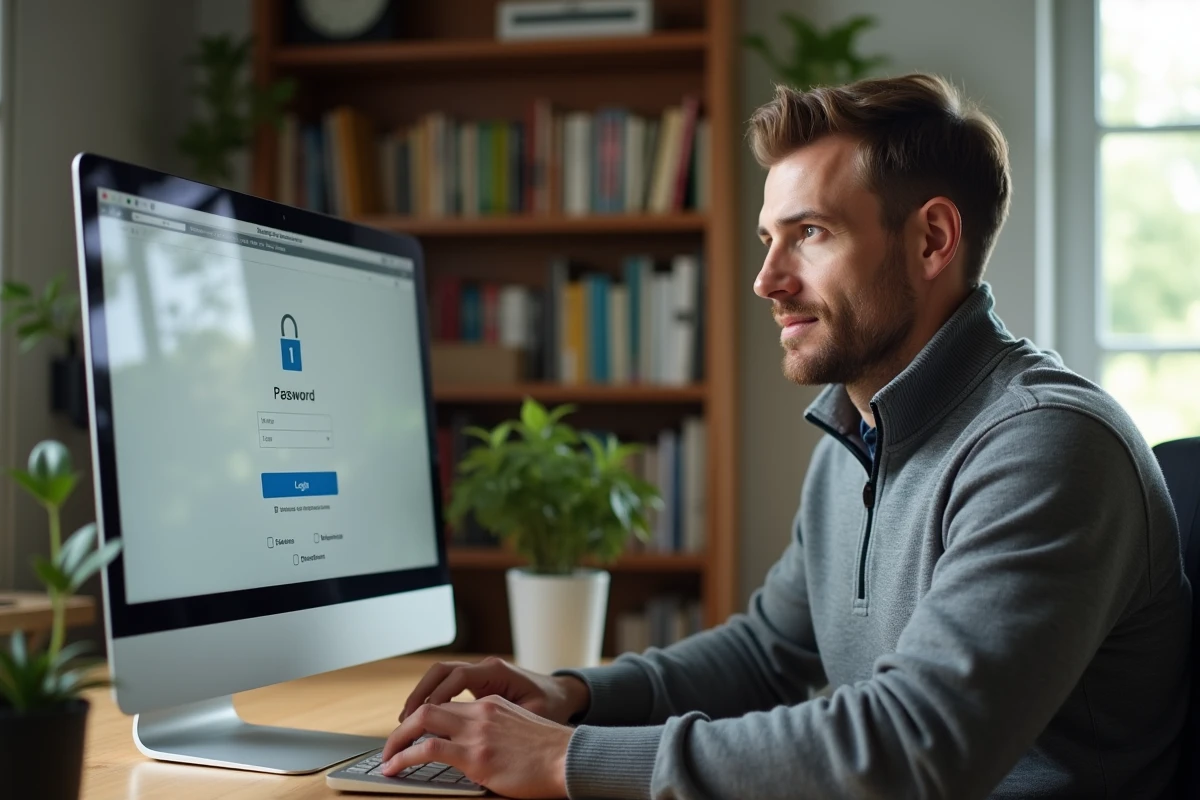 Homme en télétravail se connectant de manière sécurisée à son espace de gestion du temps depuis son bureau à domicile