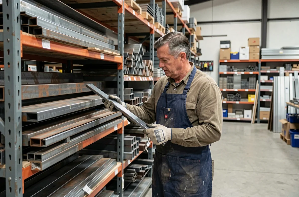 Serrurier sélectionnant des barres en acier plat dans un magasin de vente de fer au détail pour la métallerie