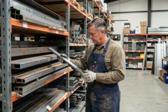 Serrurier sélectionnant des barres en acier plat dans un magasin de vente de fer au détail pour la métallerie