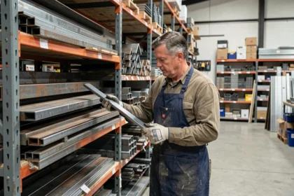 Serrurier sélectionnant des barres en acier plat dans un magasin de vente de fer au détail pour la métallerie