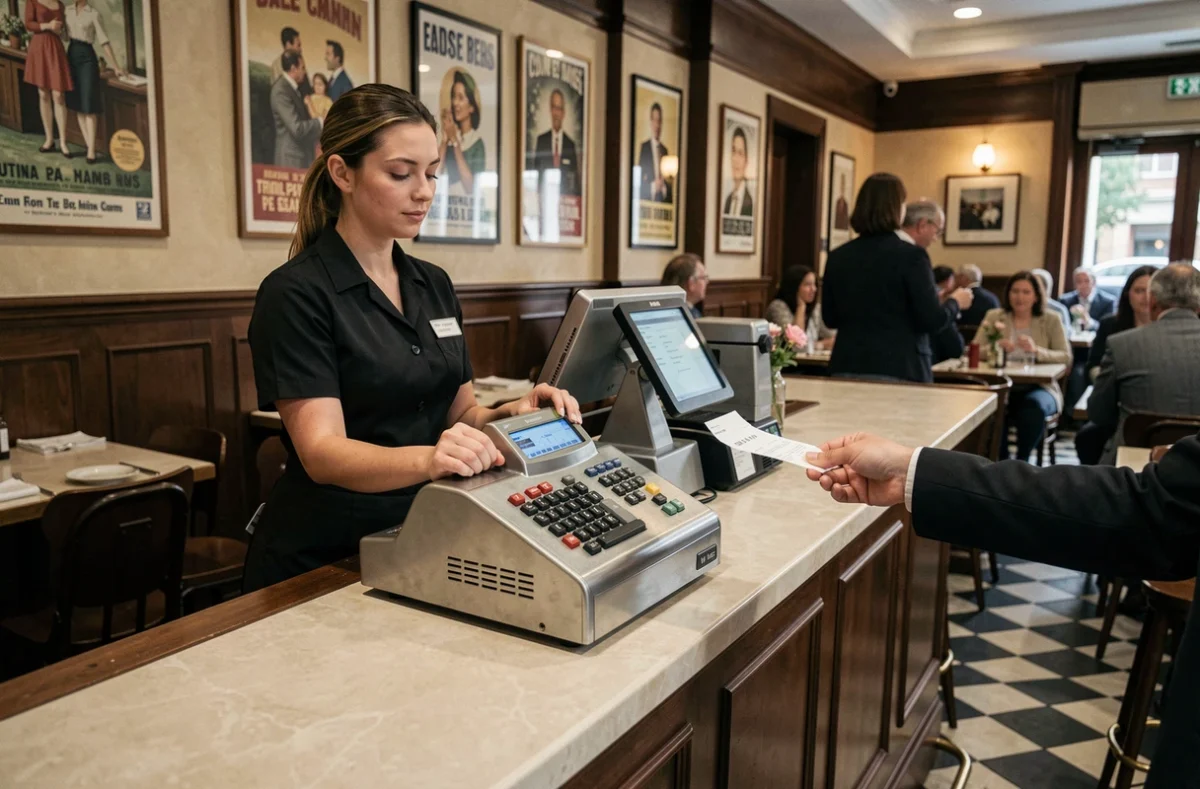 Serveuse utilisant une caisse enregistreuse classique dans une brasserie française traditionnelle
