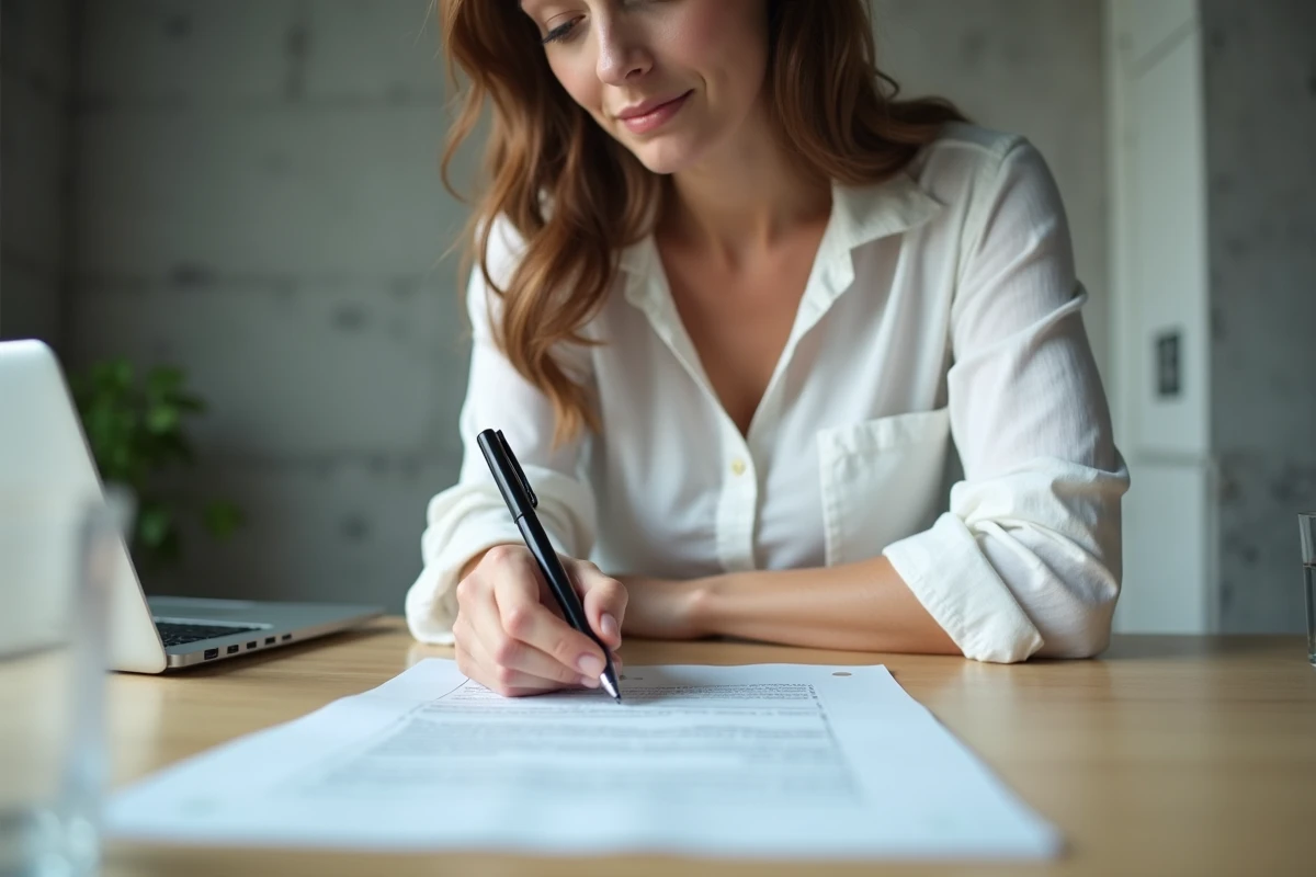 Femme signant un contrat dans un espace de coworking moderne, stylo &agrave; la main, document papier sur une table en bois clair