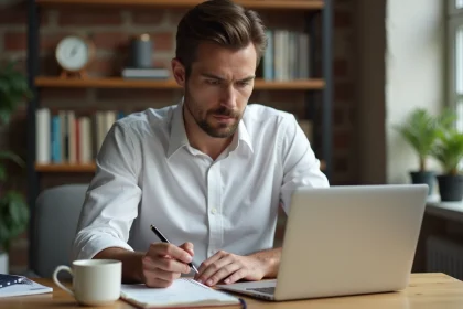 Solopreneur concentré prenant des notes de business tips sur un bureau minimaliste en bois dans un home office moderne