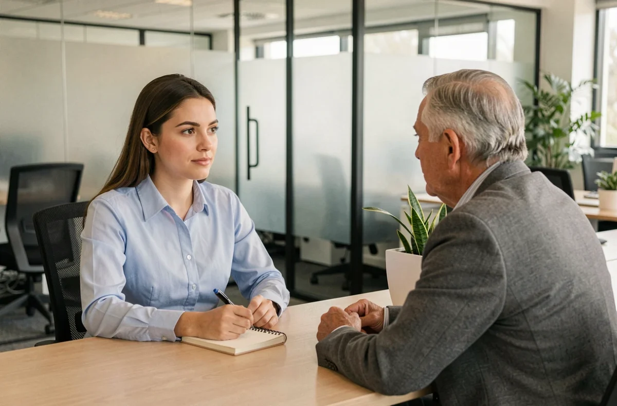 Stagiaire discutant calmement avec son tuteur dans un bureau moderne pour aborder un refus de congés