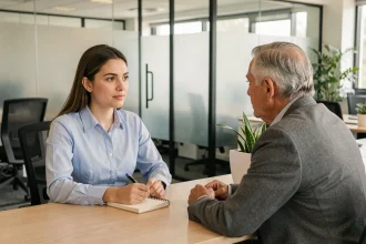 Stagiaire discutant calmement avec son tuteur dans un bureau moderne pour aborder un refus de congés