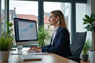 Consultante en stratégie de contenu SEO analysant des données de référencement régional sur un écran dans un bureau moderne en Alsace