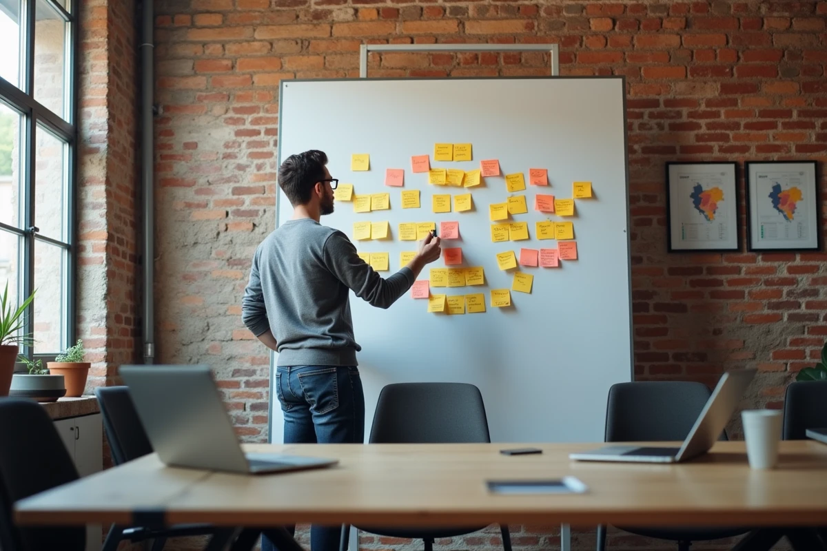 Consultant SEO élaborant une carte de stratégie de contenu pour une entreprise alsacienne sur un tableau blanc dans une agence digitale