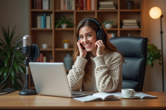 Femme en studio de podcast souriante et concentrée
