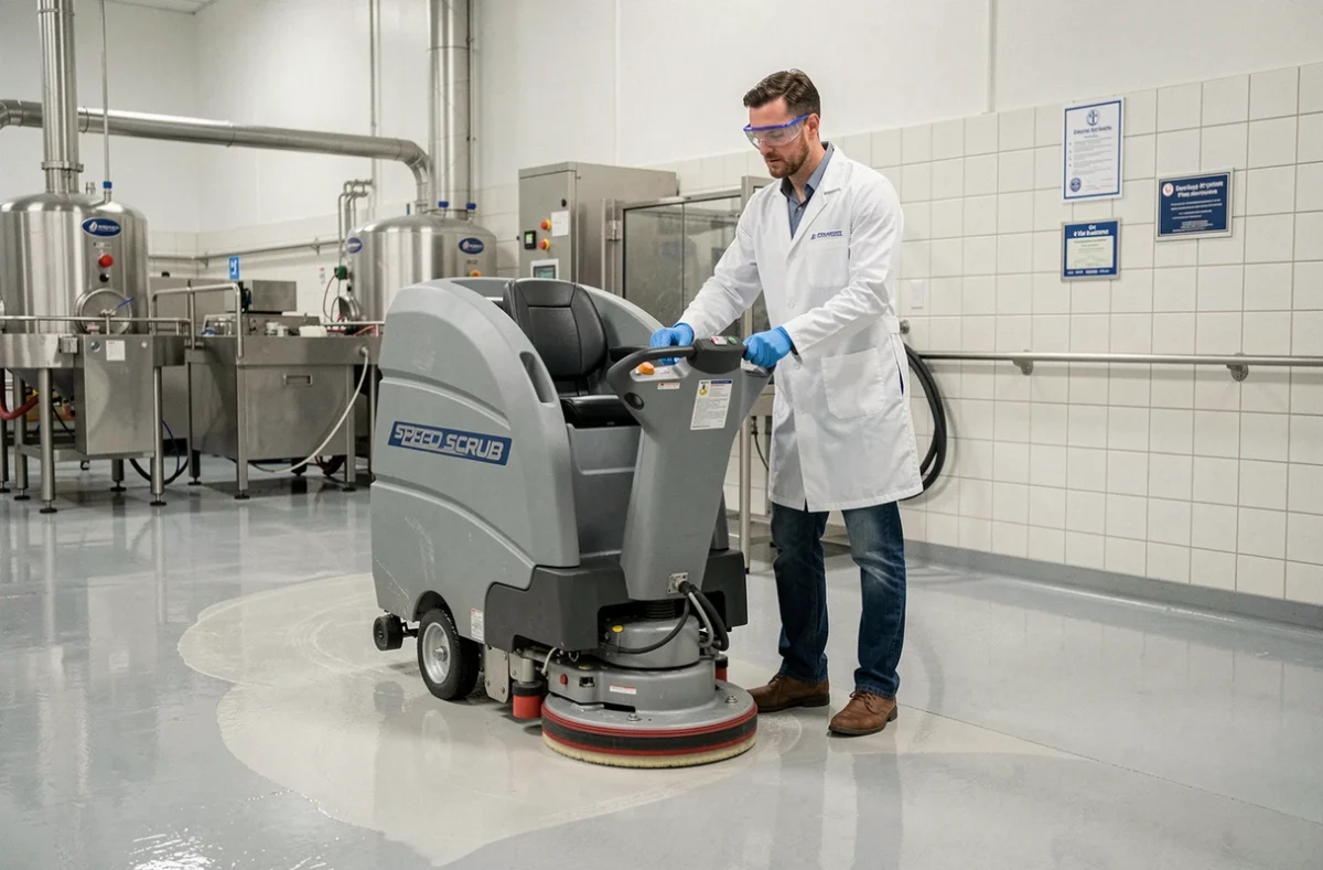 Technicien en hygiène industrielle utilisant une autolaveuse Speed Scrub Rider dans une usine agroalimentaire conforme aux normes d'audit qualité