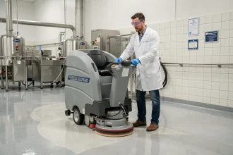 Technicien en hygiène industrielle utilisant une autolaveuse Speed Scrub Rider dans une usine agroalimentaire conforme aux normes d'audit qualité