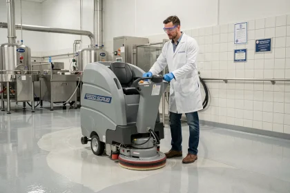 Technicien en hygiène industrielle utilisant une autolaveuse Speed Scrub Rider dans une usine agroalimentaire conforme aux normes d'audit qualité