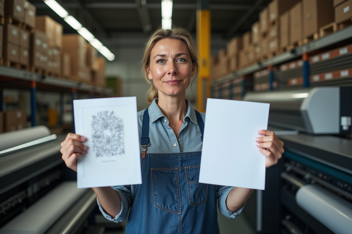 Technicienne en impression textile comparant deux feuilles A4 dans l
