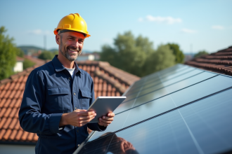 Technicien inspectant des panneaux solaires sur un toit résidentiel