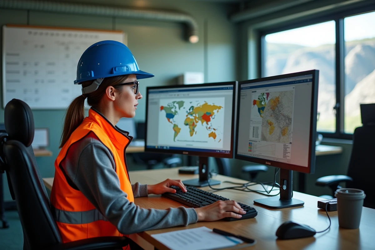 Femme technicienne débutante dans un bureau opérationnel de mine australienne analysant des données géologiques sur ordinateur