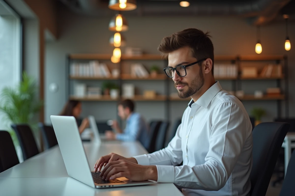 Jeune professionnel passant le test PI en ligne dans un espace de coworking pour évoluer en entreprise