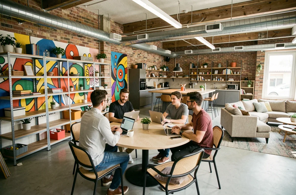 The Babel Community Montpellier avec un groupe de coworkers autour d'une grande table dans un loft créatif coloré
