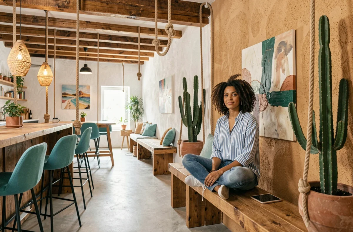 The Island Montpellier avec une jeune professionnelle dans un espace coworking à l'ambiance tropicale et décontractée