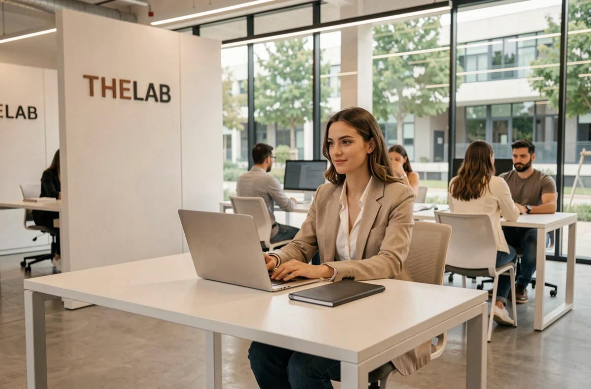 Espace de coworking THELAB à Lattes avec une professionnelle travaillant sur ordinateur dans un open space moderne