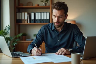 Un homme en chemise marine consulte des documents administratifs sur son statut de travailleur non salarié dans un bureau à domicile