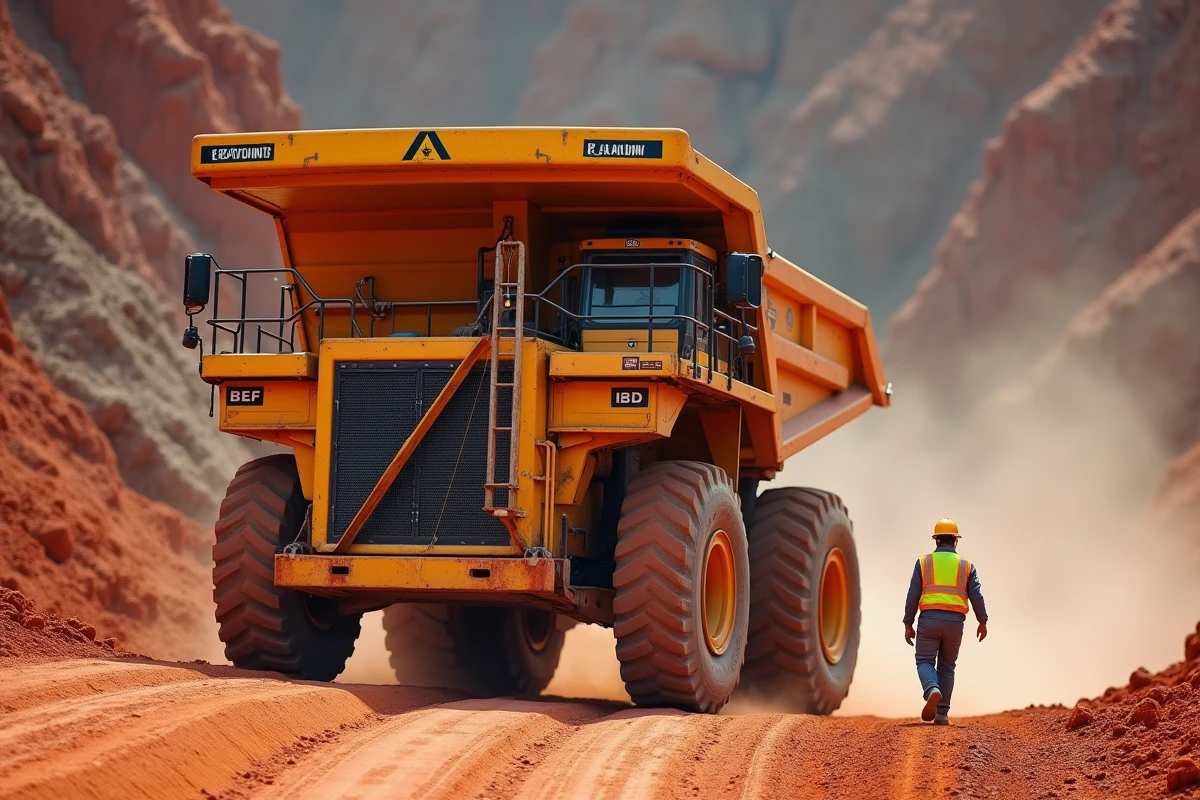 Deux travailleurs débutants en équipement de protection opérant un camion minier sur une route d'accès dans une mine australienne