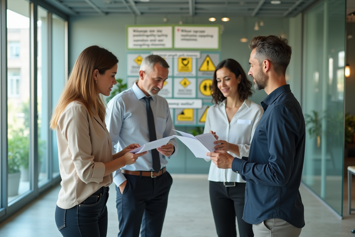 Groupe de salariés lisant une affiche de sécurité au bureau