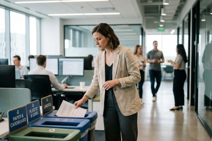 Femme de bureau triant ses déchets dans des poubelles de tri sélectif clairement identifiées en open space