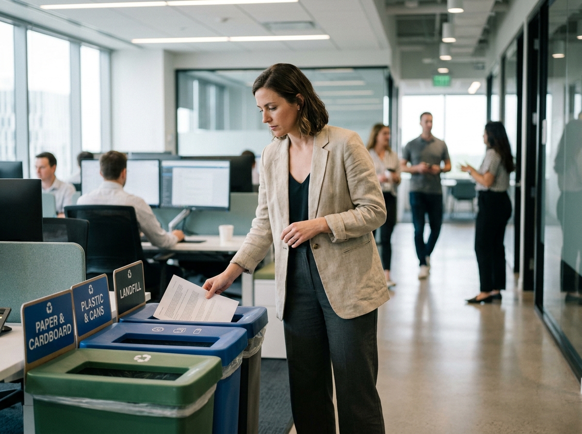Femme de bureau triant ses déchets dans des poubelles de tri sélectif clairement identifiées en open space
