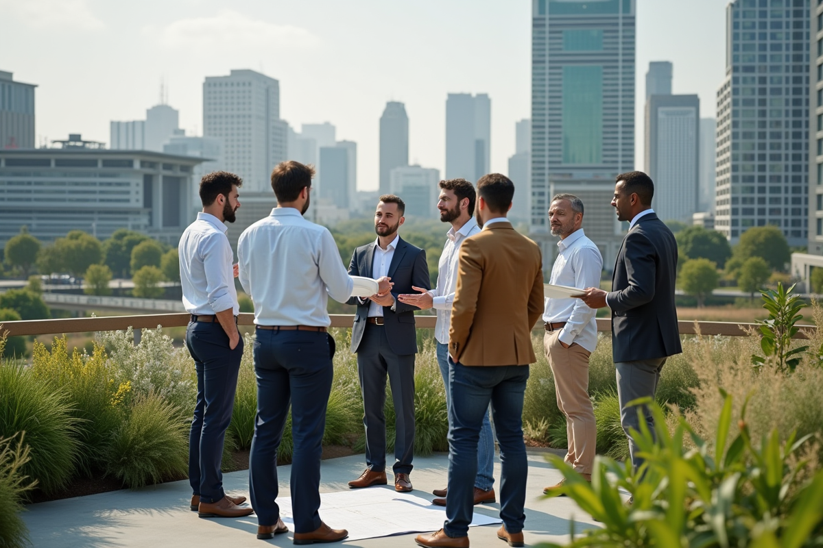Groupe d urbanistes sur un toit avec ville verte