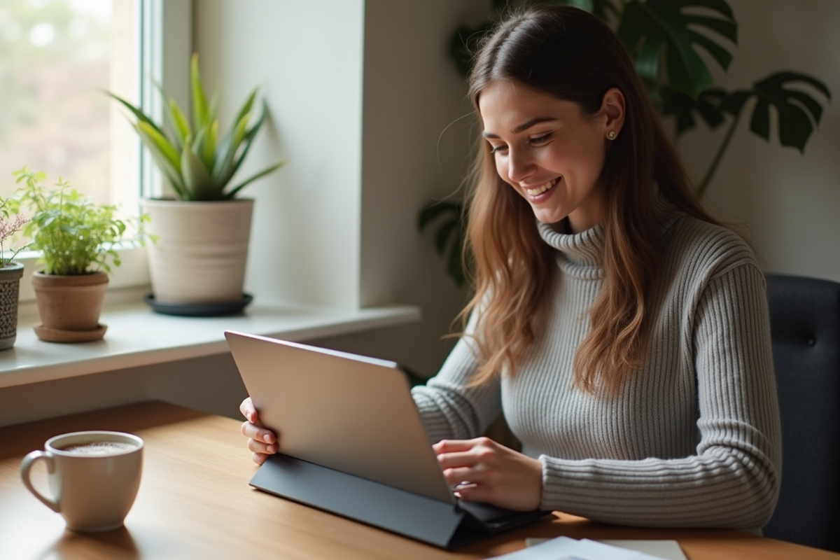 Personne souriante utilisant Pipedrive sur une tablette à domicile