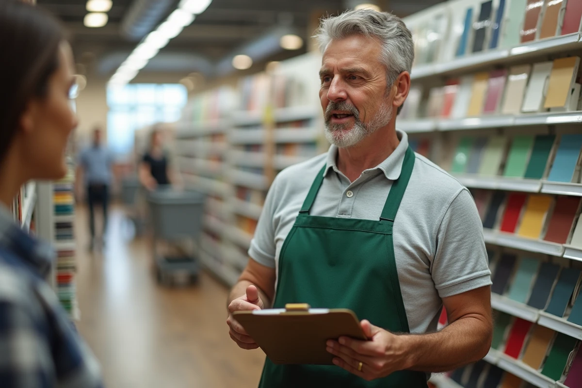 Vendeur en tablier vert conseillant un client dans un rayon peinture d'une grande surface de bricolage