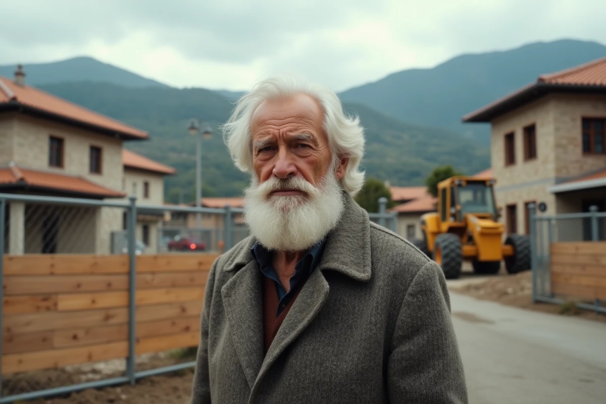 Homme corse âgé observant un chantier de restauration